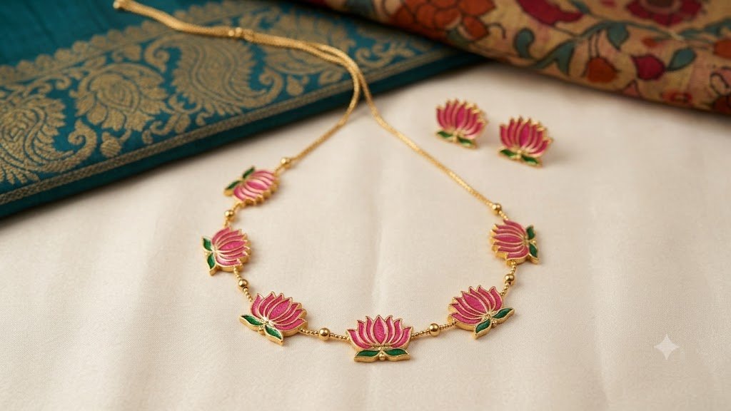 Pink With Green Mixed Lotus Designer Matte Finished Necklace Pink With Green Mixed Lotus Designer Matte Finished Necklace - Image 3