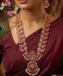 Pink And White with Green Stone Mixed Peacock Designer Matte Finished Haram