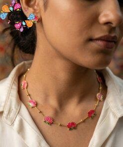 Pink With Green Mixed Lotus Designer Matte Finished Necklace Pink With Green Mixed Lotus Designer Matte Finished Necklace