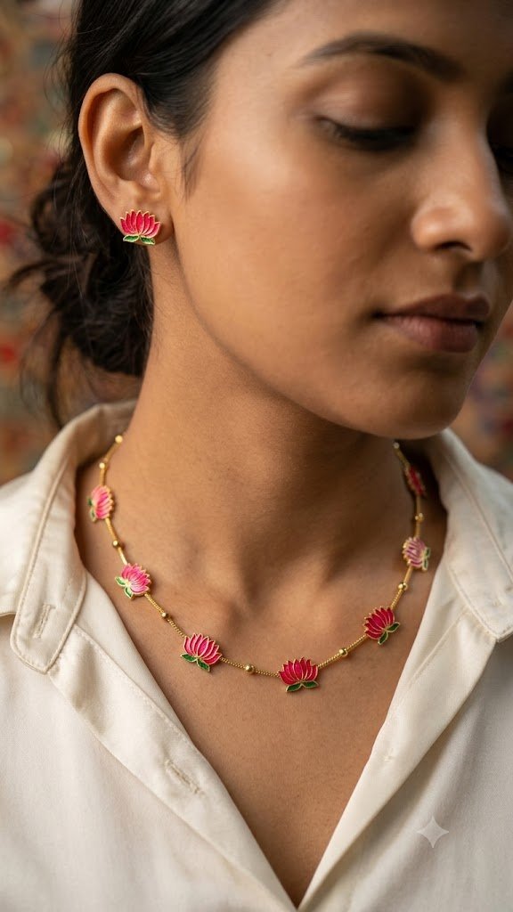 Pink With Green Mixed Lotus Designer Matte Finished Necklace Pink With Green Mixed Lotus Designer Matte Finished Necklace - Image 5