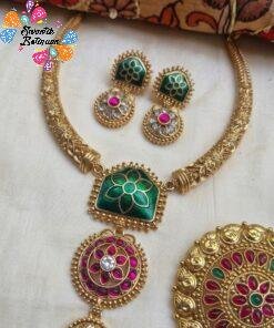 Green And Pink Mixed Floral Designer Matte Finished Necklace