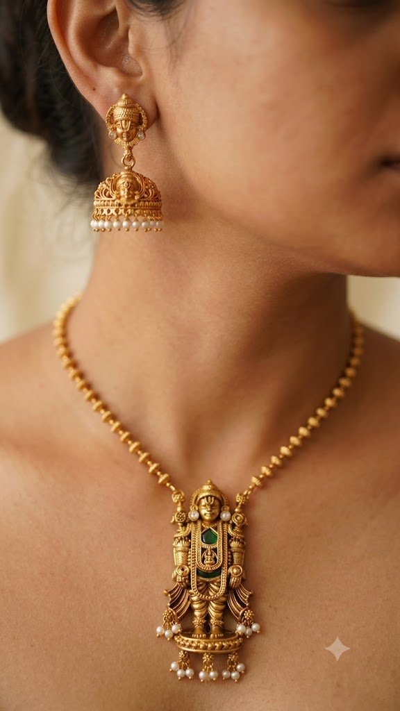 White Pearl With Green Perumal Designer Matte Finished Necklace White Pearl With Green Perumal Designer Matte Finished Necklace