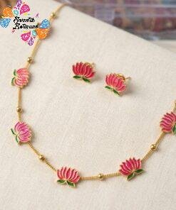 Pink With Green Mixed Lotus Designer Matte Finished Necklace Pink With Green Mixed Lotus Designer Matte Finished Necklace