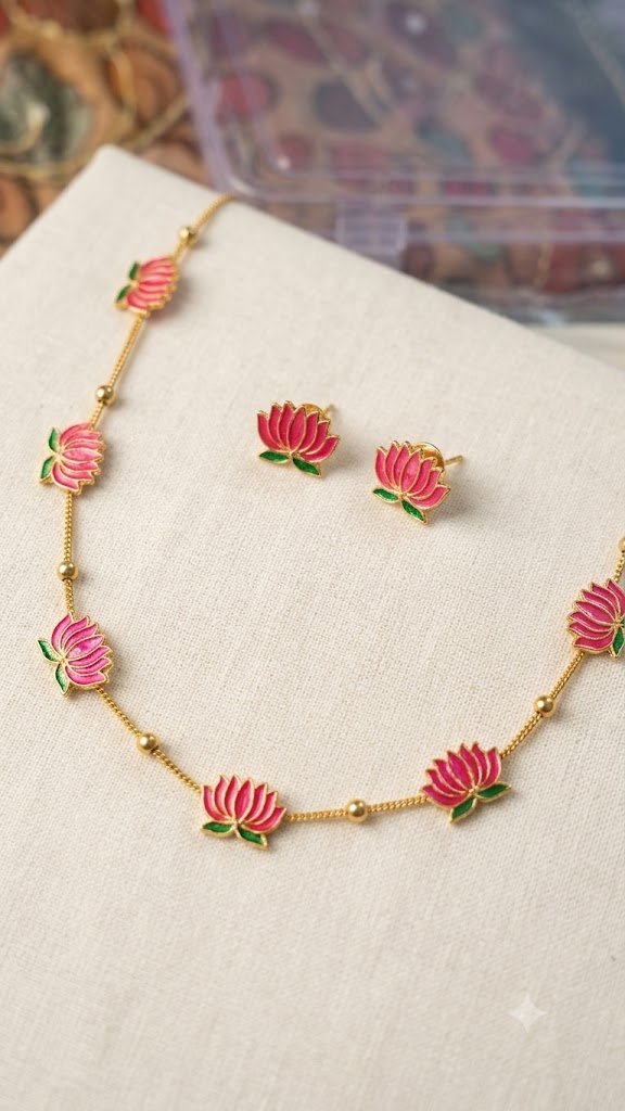 Pink With Green Mixed Lotus Designer Matte Finished Necklace Pink With Green Mixed Lotus Designer Matte Finished Necklace - Image 2