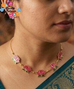Pink With Green Mixed Lotus Designer Matte Finished Necklace
