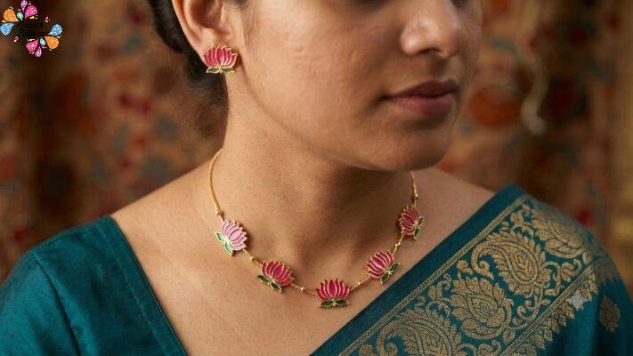 Pink With Green Mixed Lotus Designer Matte Finished Necklace