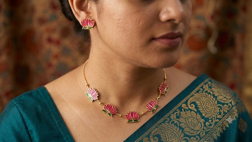 Pink With Green Mixed Lotus Designer Matte Finished Necklace Pink With Green Mixed Lotus Designer Matte Finished Necklace