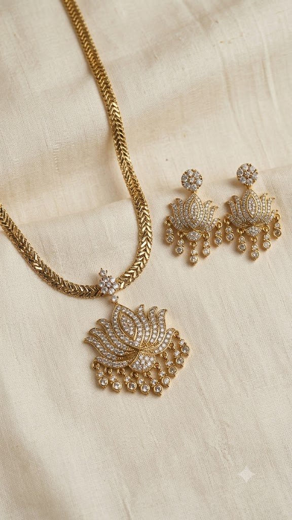 White Stone Lotus Designer Matte Finished Necklace White Stone Lotus Designer Matte Finished Necklace - Image 3
