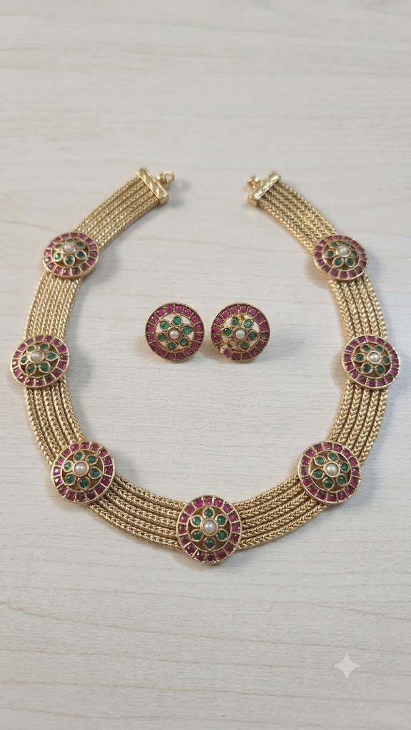 Green With Pink Stone Mixed Matte Finished Necklace Green With Pink Stone Mixed Matte Finished Necklace - Image 2