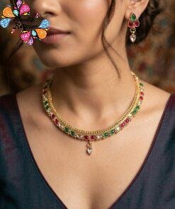 Pink And White with Green Stone Mixed Floral Designer Chocker Type Matte Finished Necklace