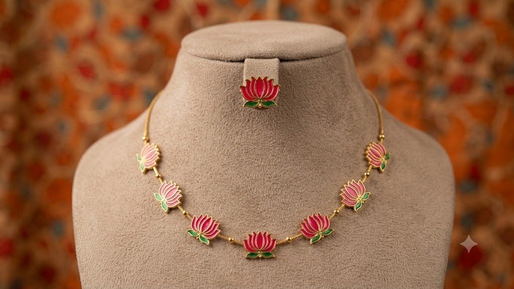 Pink With Green Mixed Lotus Designer Matte Finished Necklace Pink With Green Mixed Lotus Designer Matte Finished Necklace - Image 4
