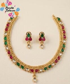 Alternative view of Pink And White with Green Stone Mixed Floral Designer Chocker Type Matte Finished Necklace