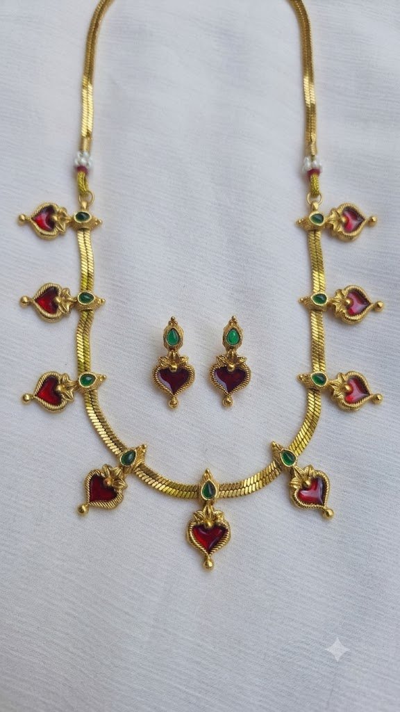 Leaf Designer Maroon And Green Stone Mixed Matte Finished Necklace Leaf Designer Maroon And Green Stone Mixed Matte Finished Necklace - Image 2