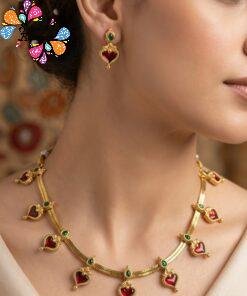 Leaf Designer Maroon And Green Stone Mixed Matte Finished Necklace