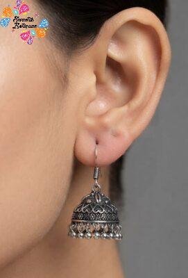 Floral Designer Oxidised Silver Jhumkha