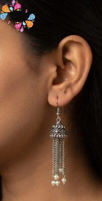White Pearl And Floral Designer Oxidised Silver Jhumkha