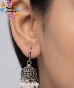 White Pearl And Floral Designer Oxidised Silver Jhumkha