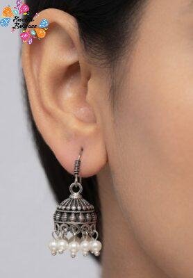 White Pearl And Floral Designer Oxidised Silver Jhumkha