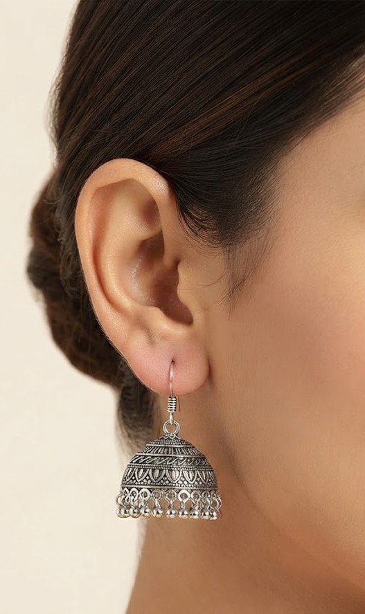 Floral Designer Oxidised Silver Jhumkha