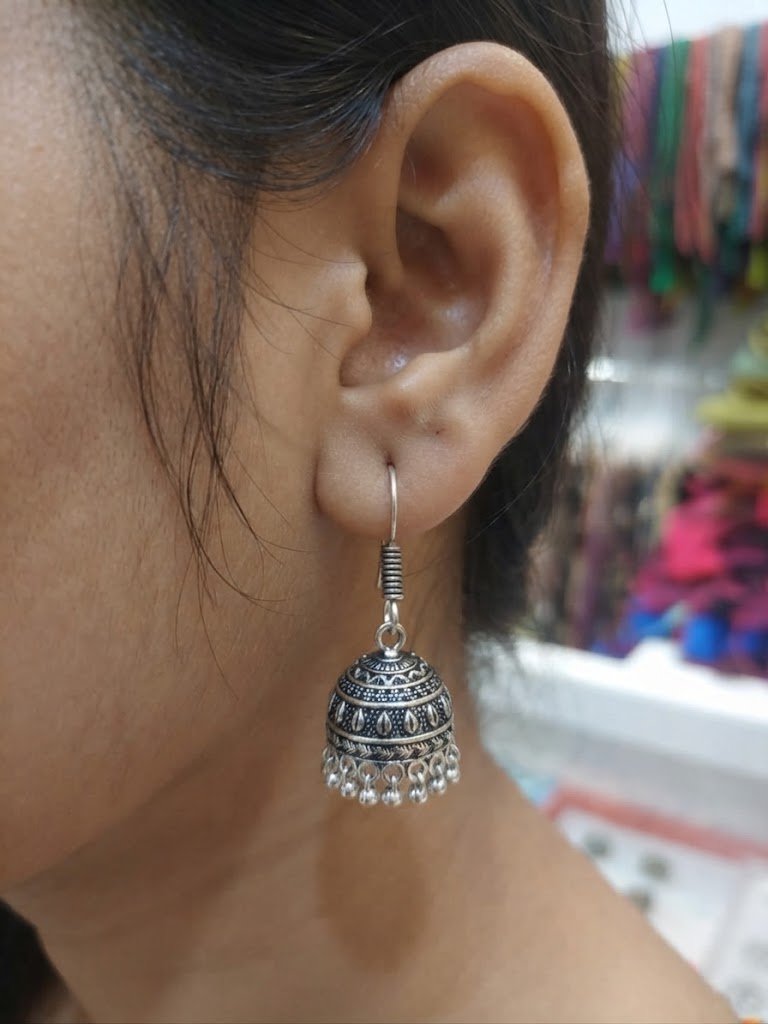 Flower Designer Oxidised Silver Jhumkha