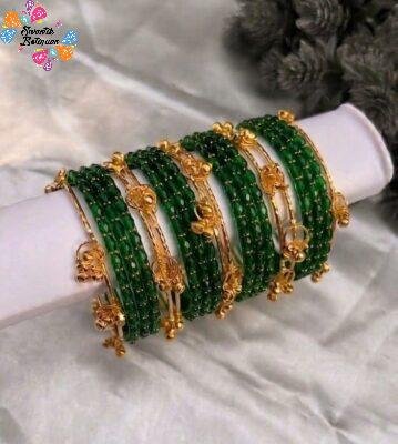 Premium Green Glass Bangles with Gold Kashmiri Bangles