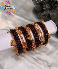 Premium Dark Maroon Glass Bangles with Gold Kashmiri Bangles
