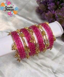 Premium Pink Glass Bangles with Gold Kashmiri Bangles