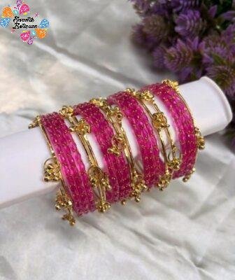 Premium Pink Glass Bangles with Gold Kashmiri Bangles