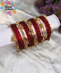 Premium Red Glass Bangles with Gold Kashmiri Bangles