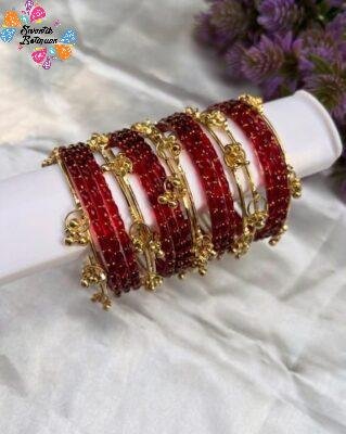 Premium Red Glass Bangles with Gold Kashmiri Bangles