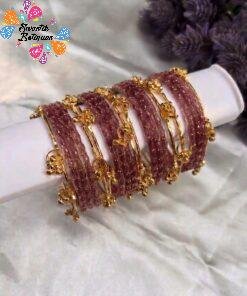 Premium Onion Pink Glass Bangles with Gold Kashmiri Bangles