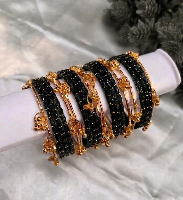 Premium Black Glass Bangles with Gold Kashmiri Bangles