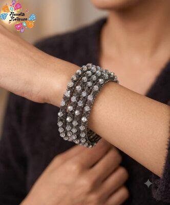 White Stone Designer Black Oxidised Silver Bangles