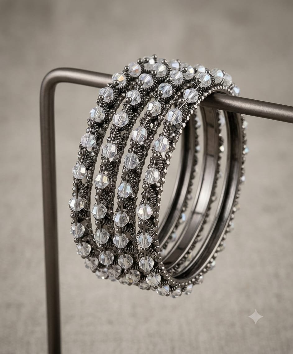 White Stone Designer Black Oxidised Silver Bangles White Stone Designer Black Oxidised Silver Bangles - Image 2