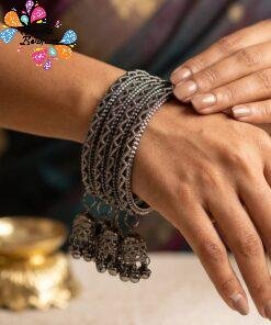 Floral Designer Black Oxidised Silver Bangle with Jhumkha Hangings