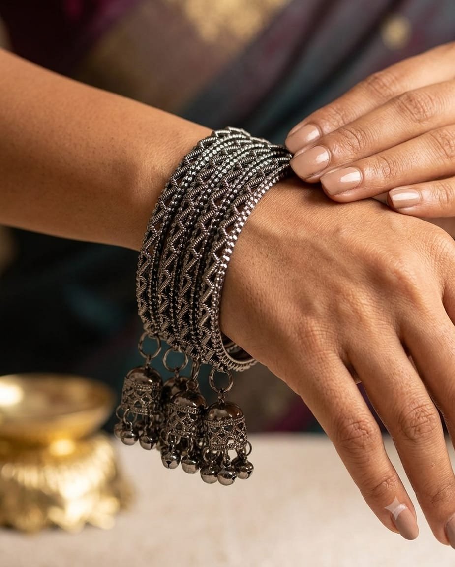 Floral Designer Black Oxidised Silver Bangle with Jhumkha Hangings Floral Designer Black Oxidised Silver Bangle with Jhumkha Hangings