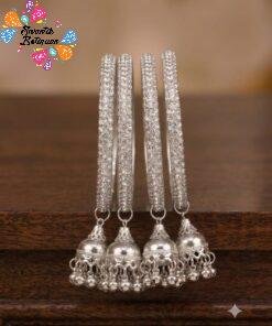 White Stone Designer Oxidised Silver Bangle with Jhumkha Hangings