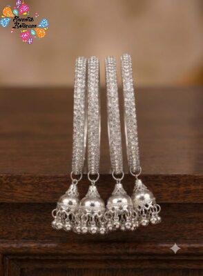 White Stone Designer Oxidised Silver Bangle with Jhumkha Hangings