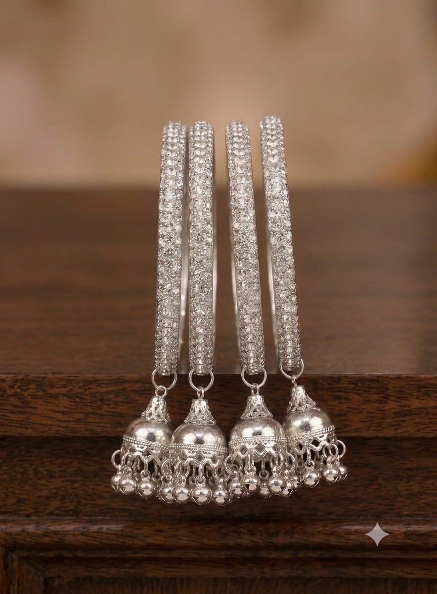 White Stone Designer Oxidised Silver Bangle with Jhumkha Hangings