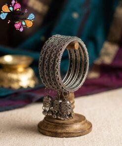Welcome Swastik Boutiques, Sri Lanka Alternative view of Floral Designer Black Oxidised Silver Bangle with Jhumkha Hangings