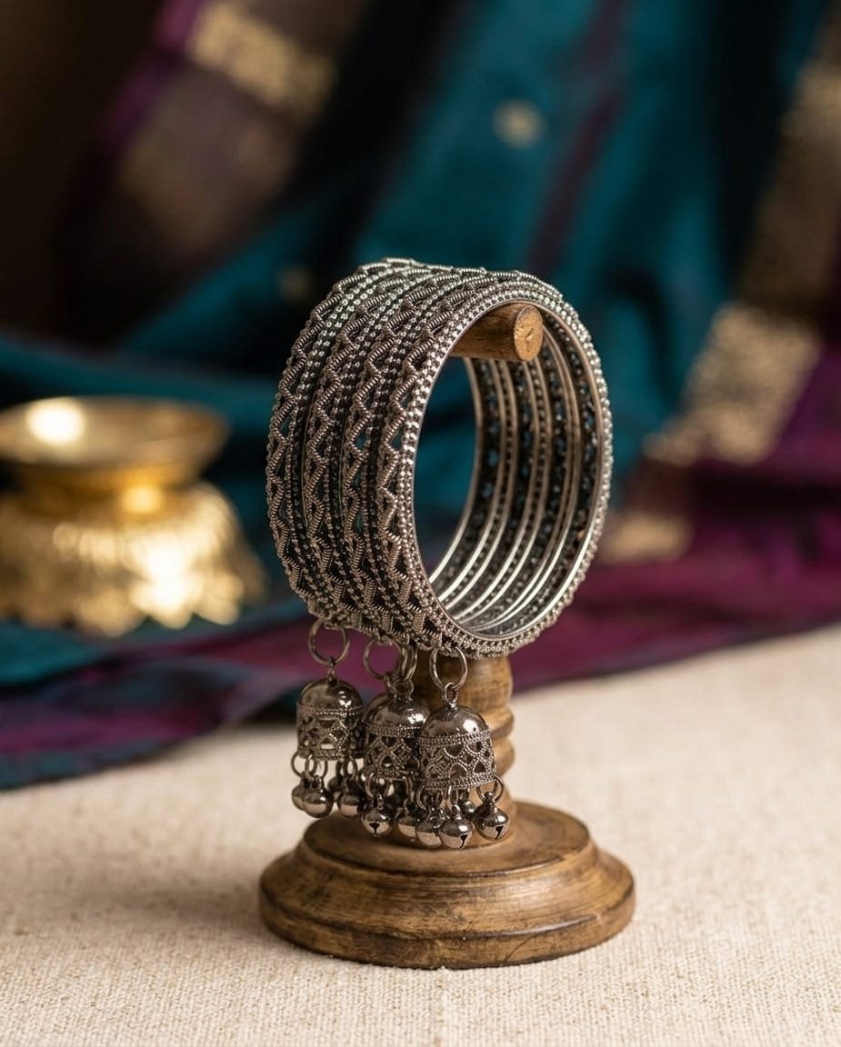Floral Designer Black Oxidised Silver Bangle with Jhumkha Hangings Floral Designer Black Oxidised Silver Bangle with Jhumkha Hangings - Image 2