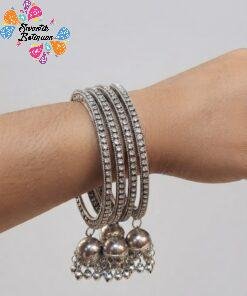White Stone Designer Oxidised Silver Bangle with Jhumkha Hangings