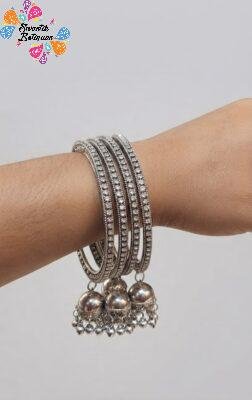 White Stone Designer Oxidised Silver Bangle with Jhumkha Hangings