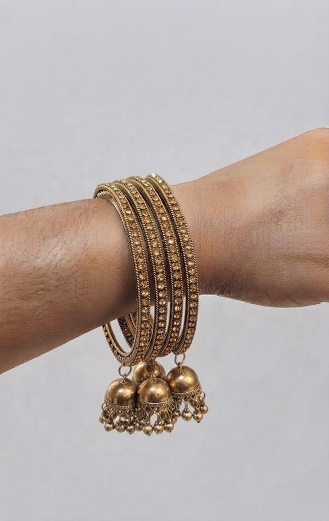 Gold Stone Designer Oxidised Gold Bangle with Jhumkha Hangings Gold Stone Designer Oxidised Gold Bangle with Jhumkha Hangings