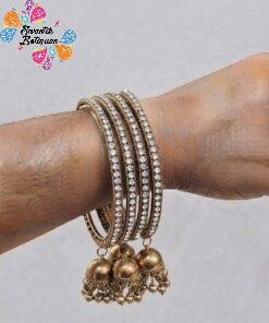 White Stone Designer Oxidised Gold Bangle with Jhumkha Hangings