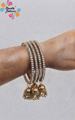 White Stone Designer Oxidised Gold Bangle with Jhumkha Hangings