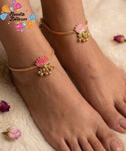 Premium Pink And Green Mixed Lotus Designer Matte Finished Anklet