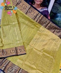 Olive Green With Navy Blue Gold Zari Border Premium Kanchi Cotton Saree with Rich Pallu
