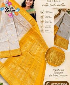 Light Beige And Golden Yellow Zari Border Premium Kanchi Cotton Saree with Rich Pallu