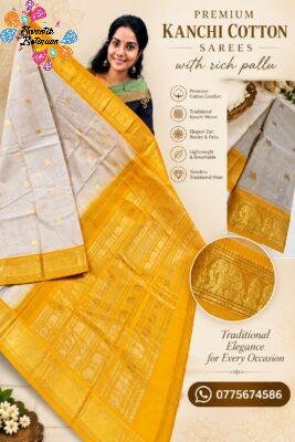 Light Beige And Golden Yellow Zari Border Premium Kanchi Cotton Saree with Rich Pallu